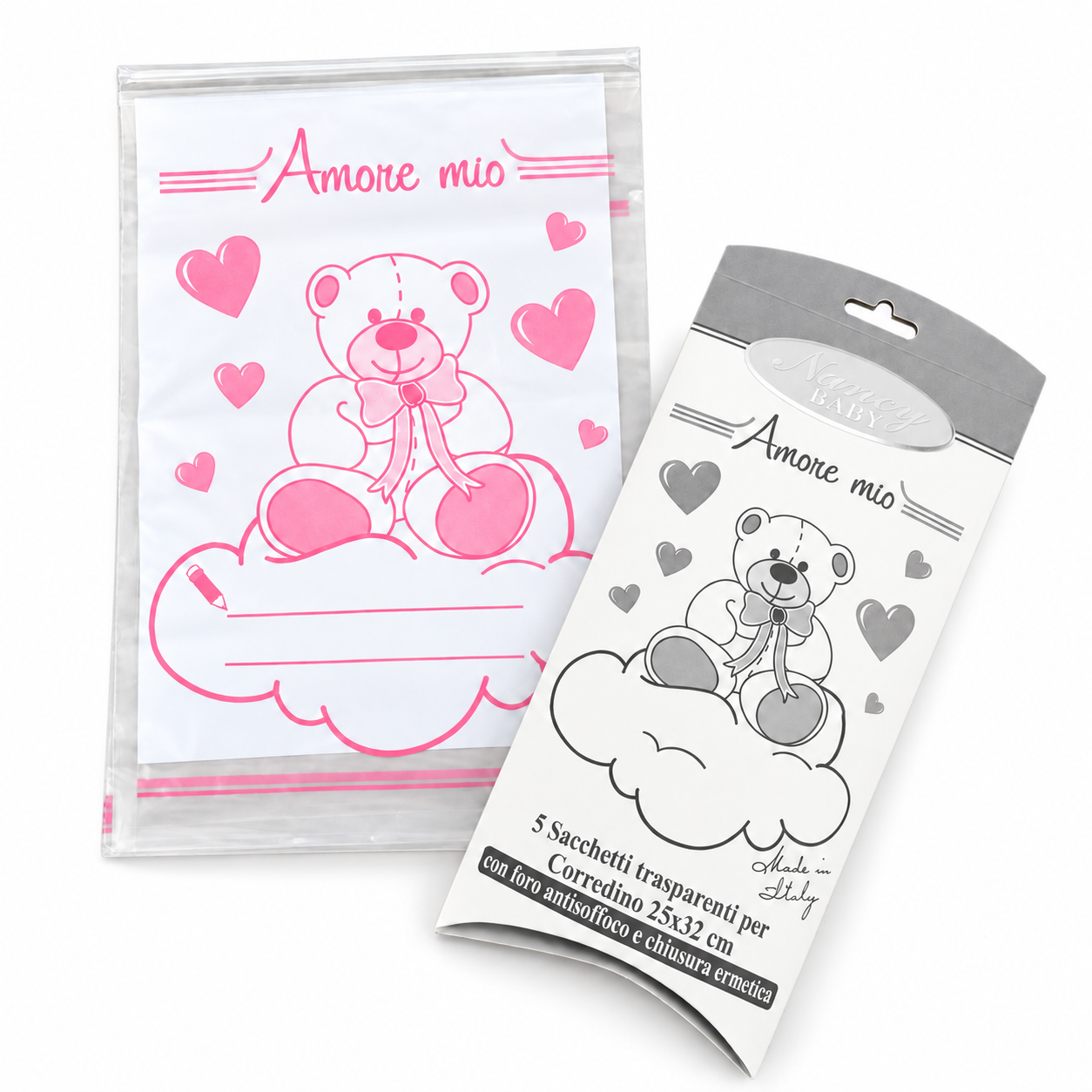 Bustine trasparenti per corredino ospedale Nancy Baby con orsetto rosa e confezione originale