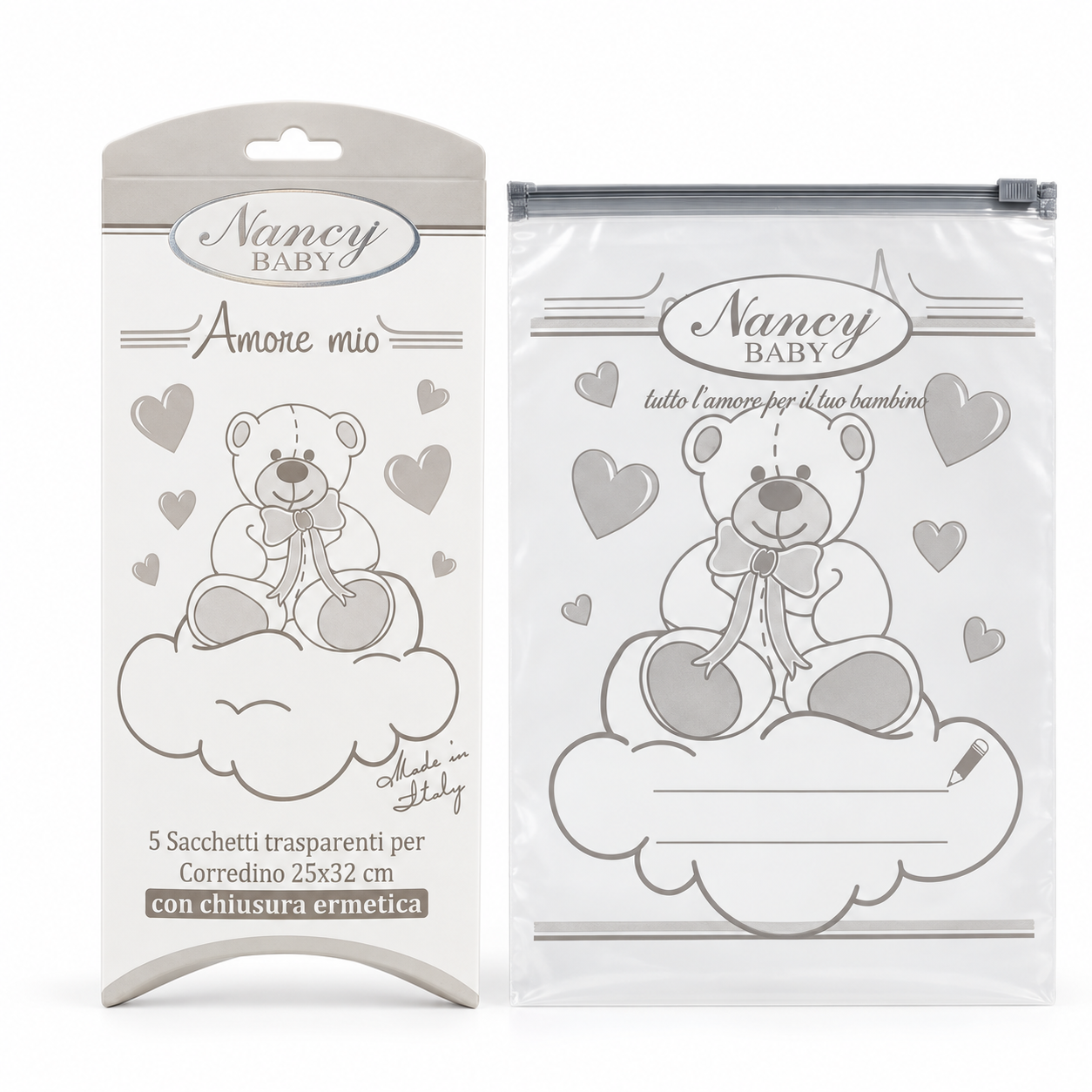 Bustine trasparenti per corredino ospedale Nancy Baby con orsetto grigio e confezione originale