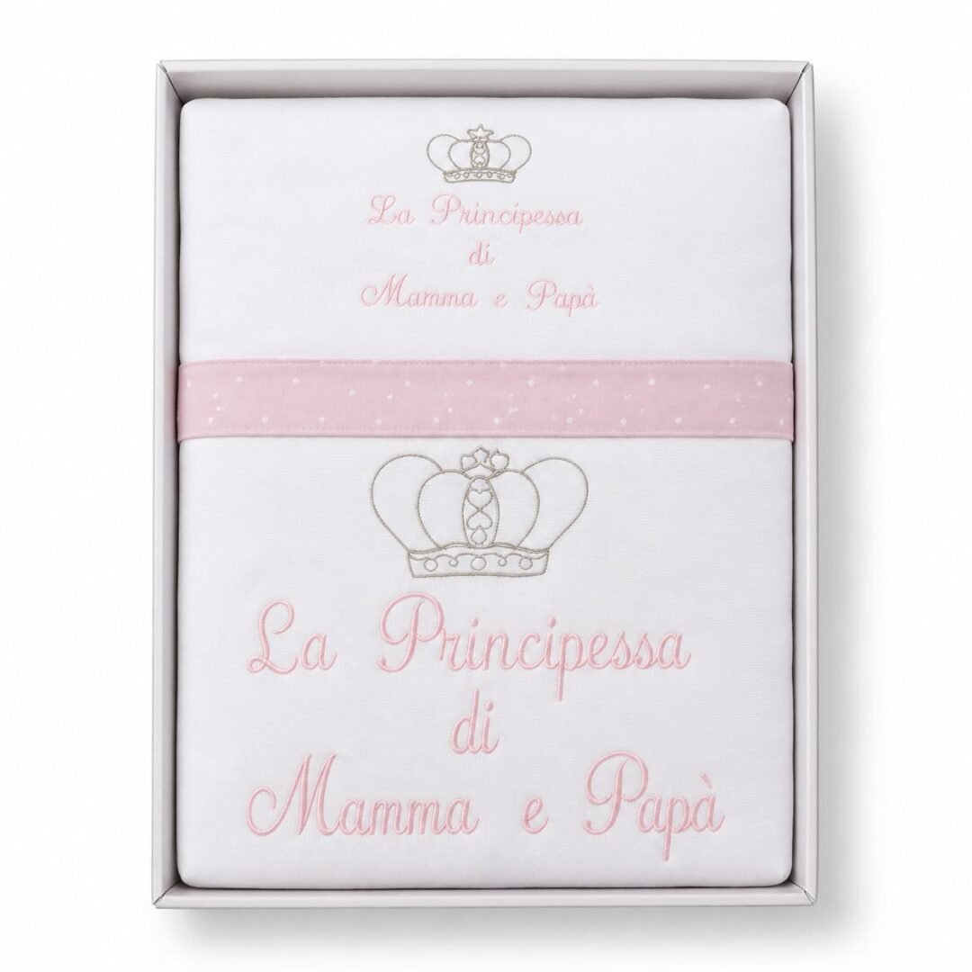 Lenzuolino carrozzina Ornella rosa con ricamo La Principessa di Mamma e Papà. Lenzuolino carrozzina Ornella rosa La Principessa di Mamma e Papà in confezione