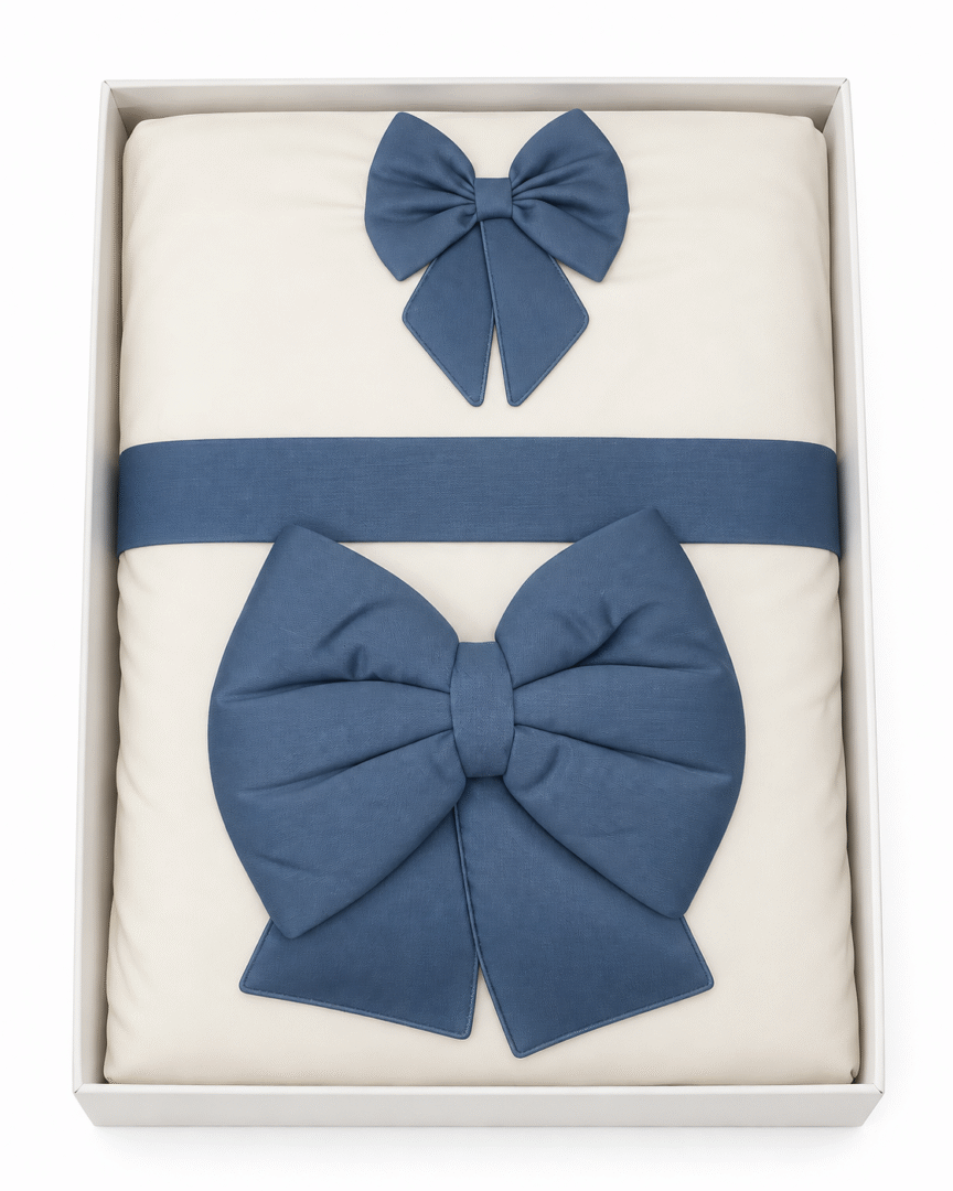 Coordinato carrozzina Ornella 5 pezzi con fiocchi blu e piumino estraibile. Coordinato carrozzina Ornella 5 pezzi modello 098 con due fiocchi blu, piumino sfoderabile nella confezione bianca