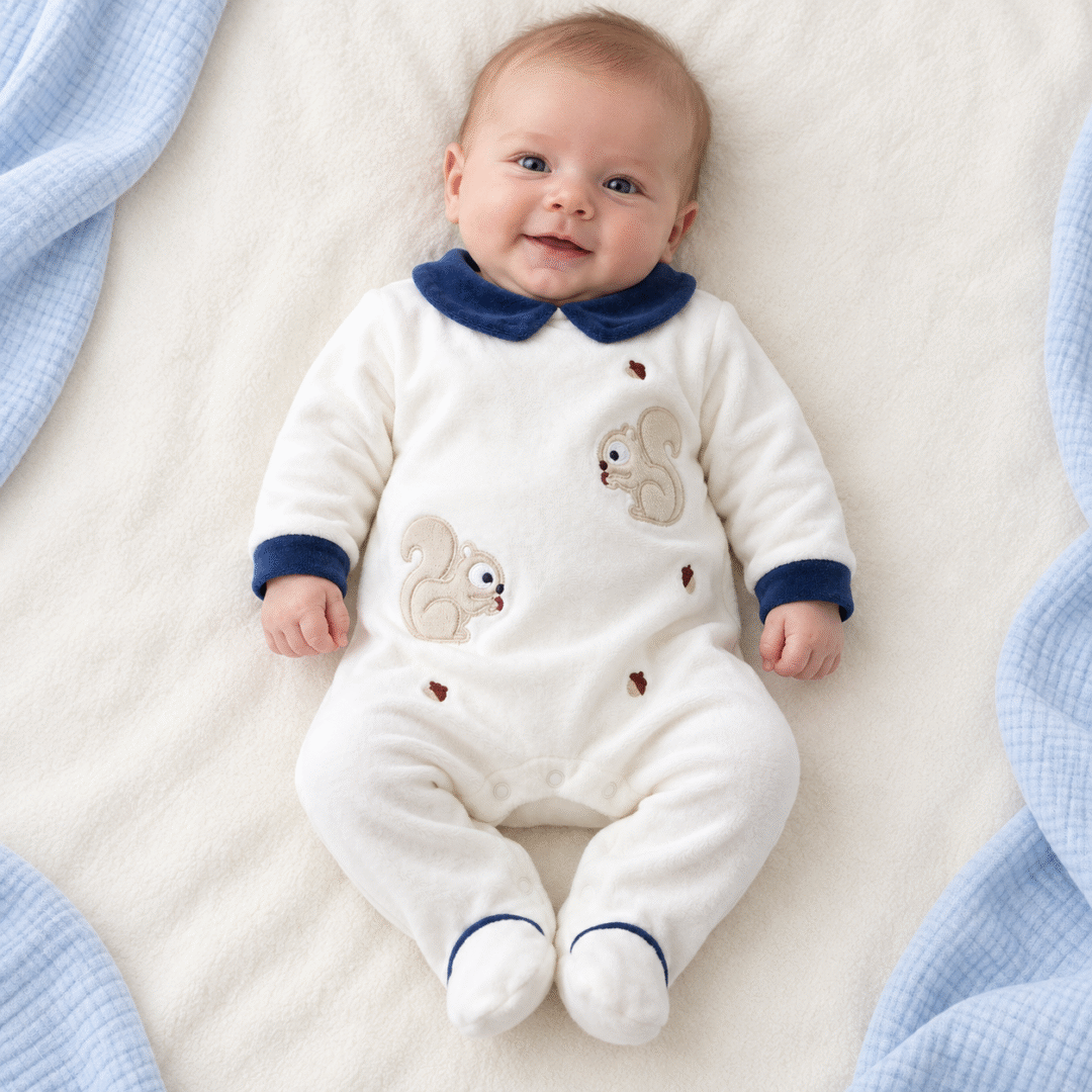 Tutina neonato in ciniglia con scoiattoli panna e blu indossata da un neonato