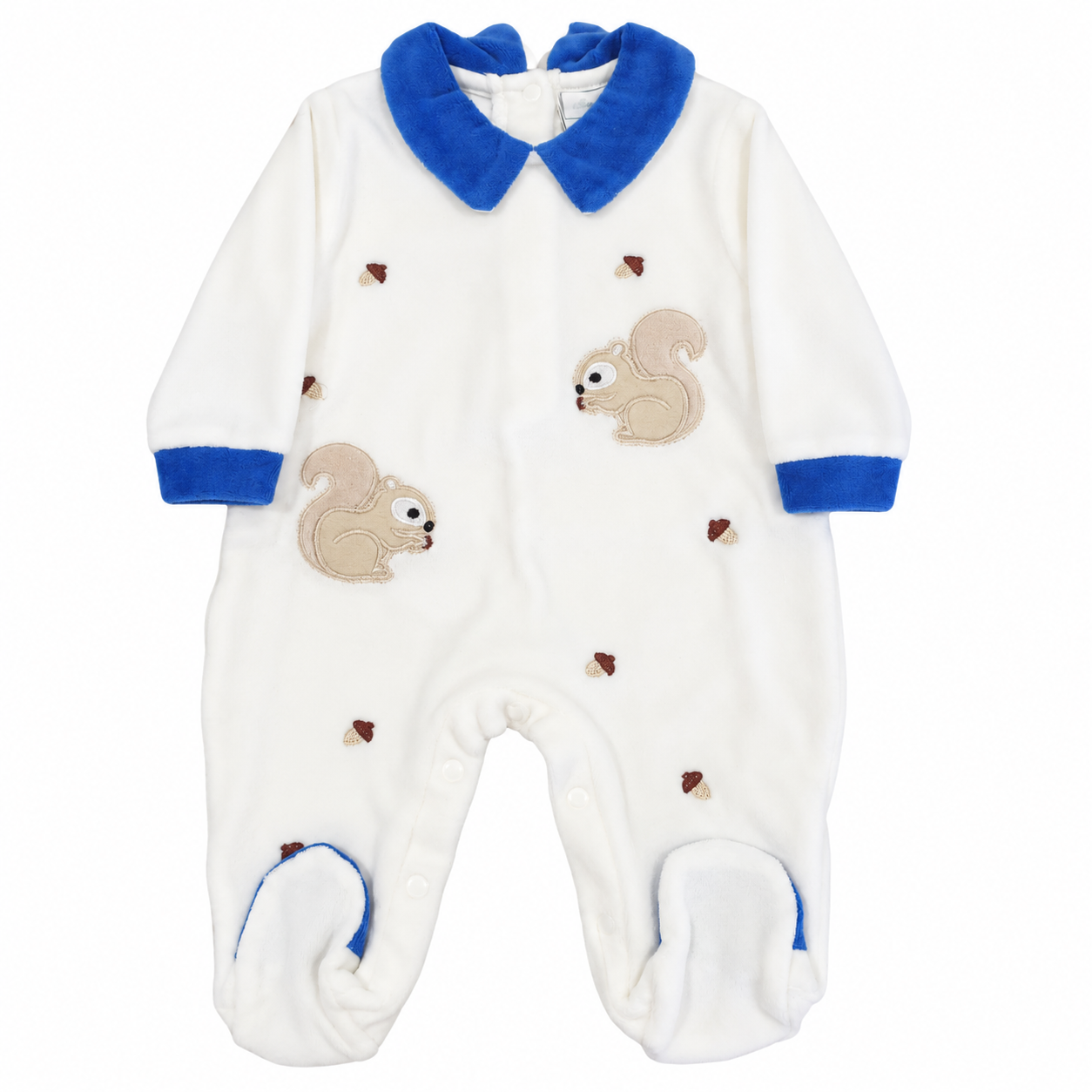Tutina neonato in ciniglia con scoiattoli panna e azzurro Tutina neonato in ciniglia con scoiattoli panna e azzurro