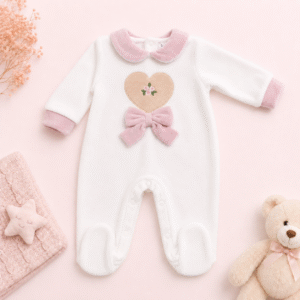 Tutina neonata in ciniglia con cuore e fiocco bianca e rosa
