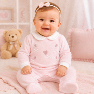 Bimba sorridente nella cameretta rosa