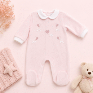 Tutina neonata in ciniglia rosa con palloncini e fiocchi