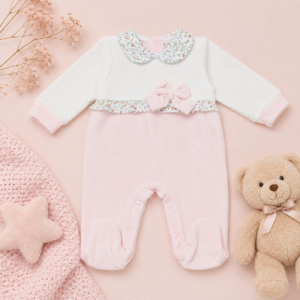 Tutina neonata in ciniglia rosa con fiocco e dettagli floreali