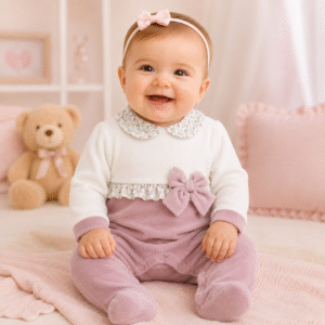 Neonata sorridente con tutina in ciniglia rosa e dettagli floreali