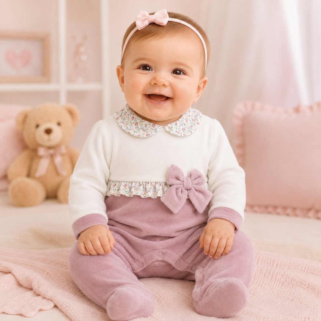 Neonata sorridente con tutina in ciniglia rosa e dettagli floreali
