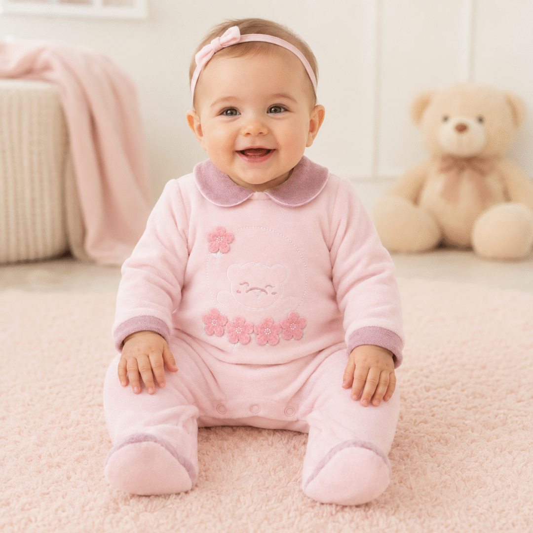Neonata sorridente con tutina in ciniglia con orsetto e fiori