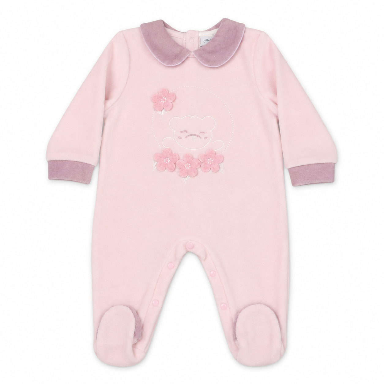 Tutina neonata in ciniglia rosa con orsetto e fiori