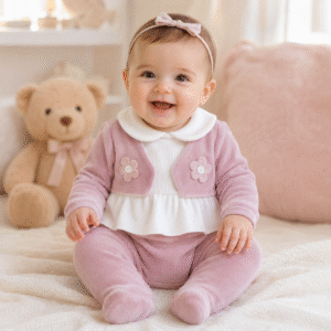 Neonata con tutina in ciniglia rosa con fiori Batuffolini