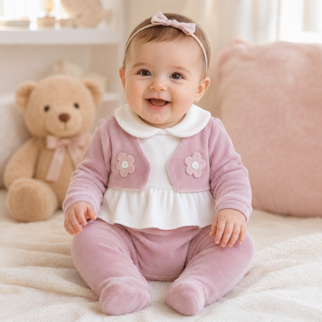 Neonata con tutina in ciniglia rosa con fiori Batuffolini