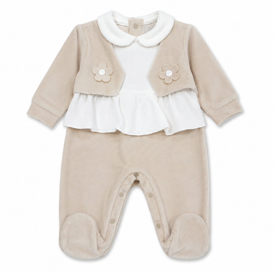 Tutina neonata in ciniglia beige con fiori Batuffolini Tutina neonata in ciniglia beige con fiori Batuffolini