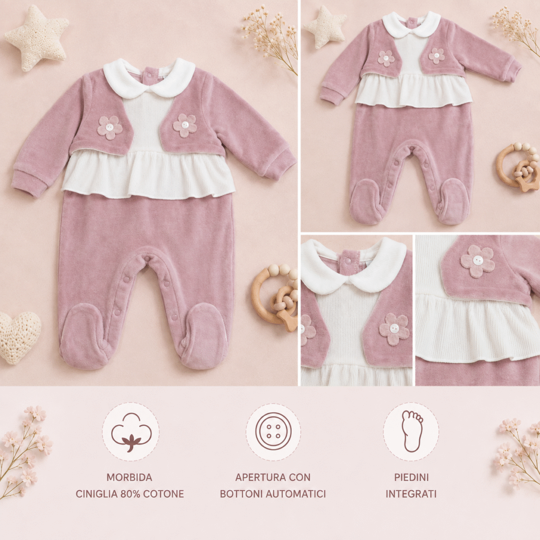 Tutina neonata in ciniglia con fiori – dettagli Tutina neonata in ciniglia con fiori – dettagli