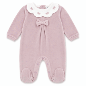 Tutina neonata in ciniglia rosa con colletto ricamato