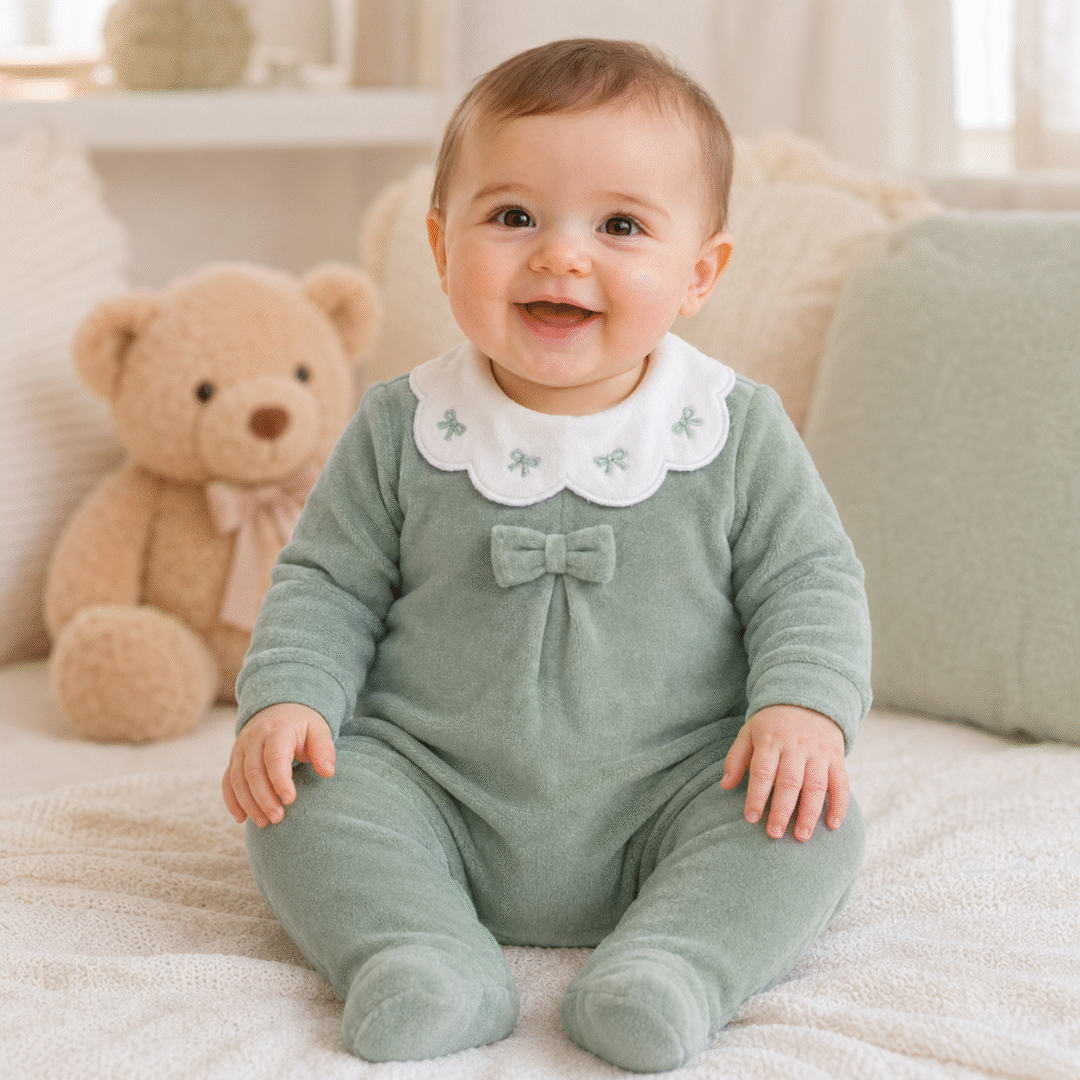 Neonata con tutina in ciniglia verde e colletto ricamato
