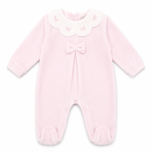 Tutina neonata in ciniglia rosa con fiocchetti ricamati