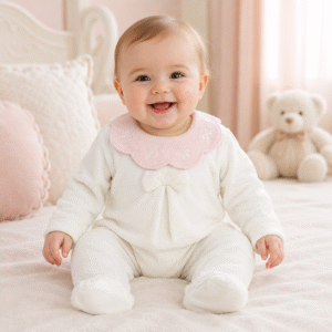 Neonata con tutina in ciniglia panna e fiocchetti ricamati
