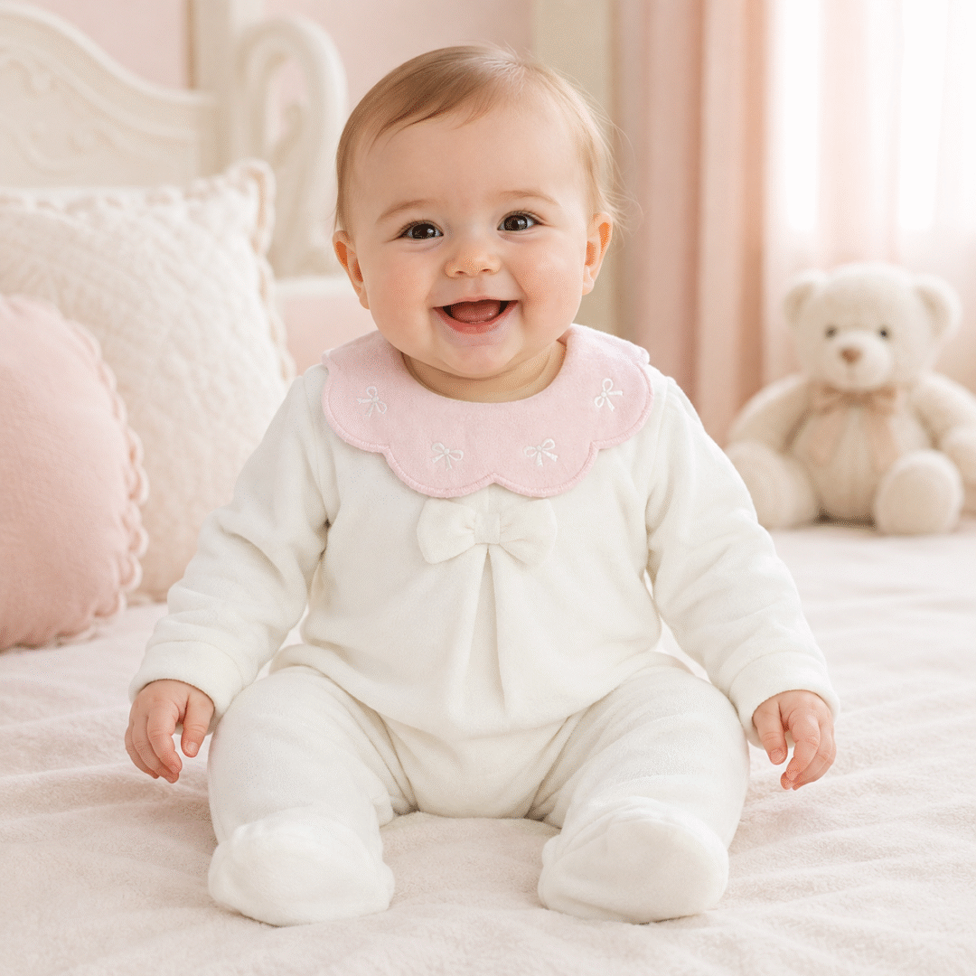 Neonata con tutina in ciniglia panna e fiocchetti ricamati