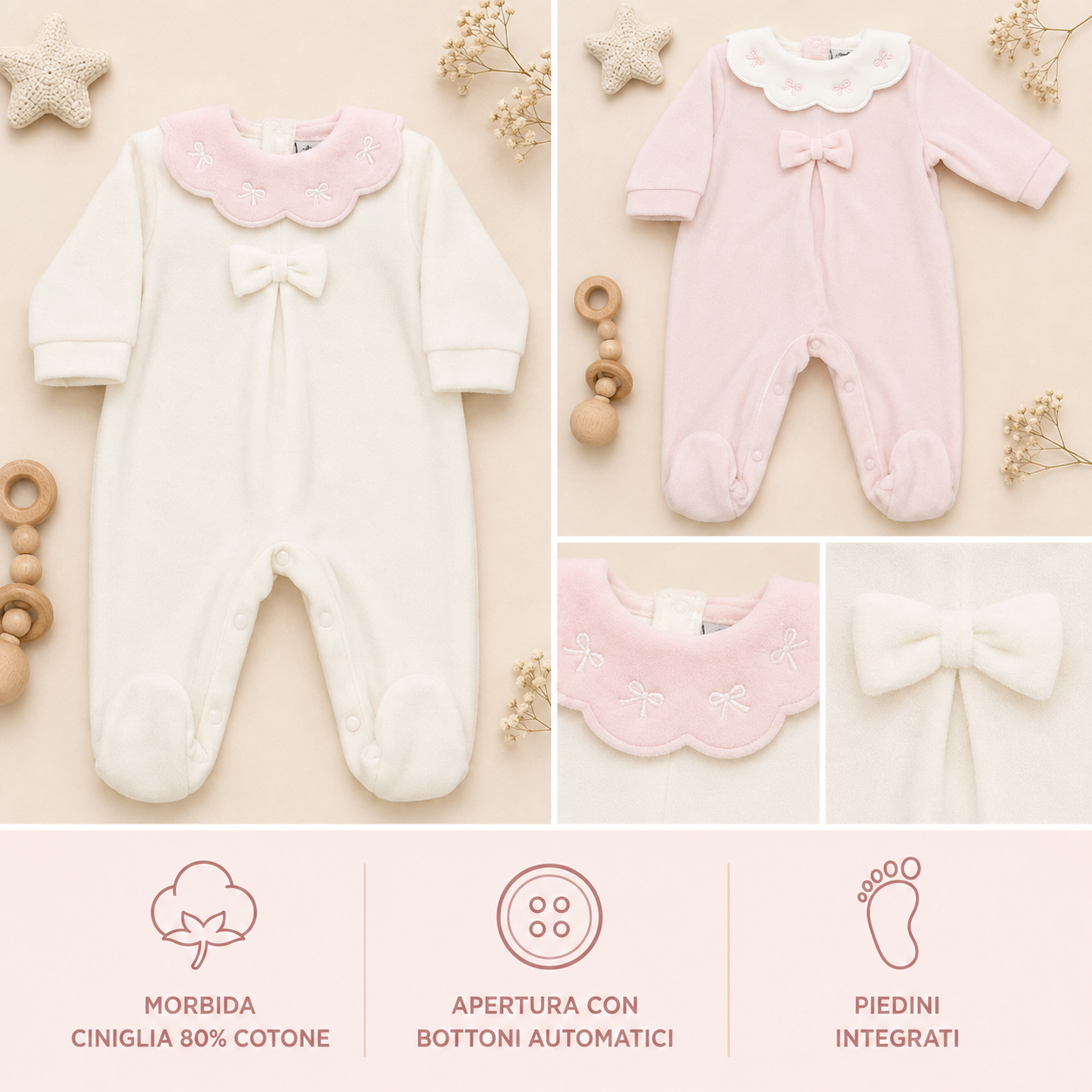 Tutina Batuffolini con fiocchetti – dettagli e colori Tutina Batuffolini con fiocchetti – dettagli e colori