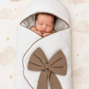 Baby sacco con fiocco Nazareno Gabrielli bianco e tortora con neonato