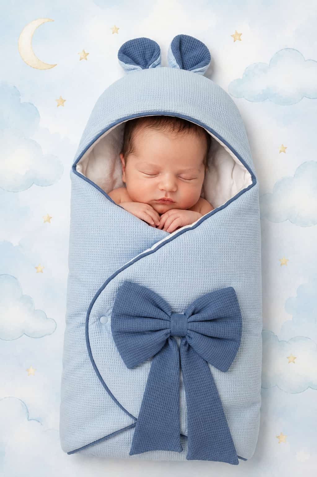 Baby sacco con fiocco Nazareno Gabrielli celeste con neonato