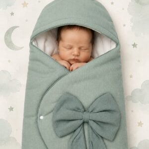 Baby sacco con fiocco Nazareno Gabrielli verde salvia con neonato