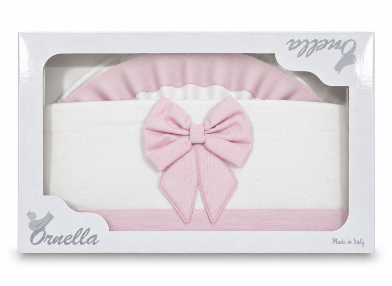 Lenzuolino carrozzina Ornella cotone rosa con fiocco centrale e bordi coordinati, nella confezione