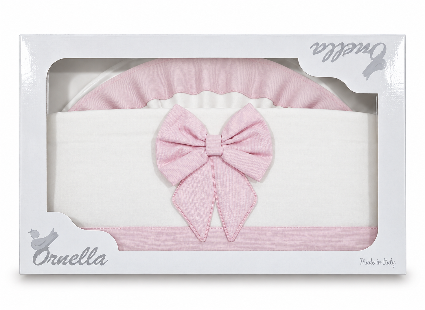 Lenzuolino carrozzina Ornella cotone rosa con fiocco centrale e bordi coordinati, nella confezione