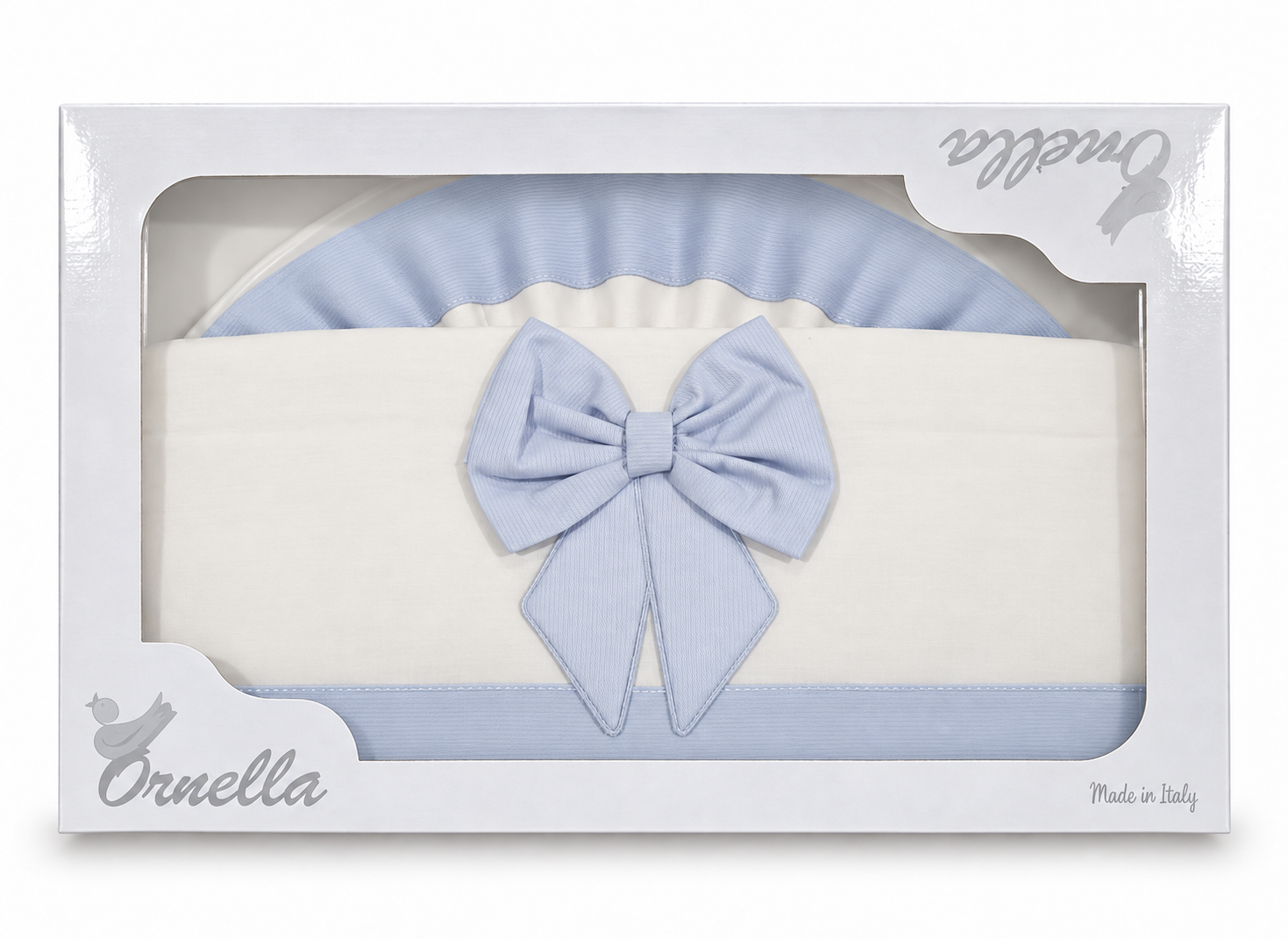 Lenzuolino Ornella Celeste con fiocco, in confezione. Lenzuolino carrozzina Ornella cotone celeste con fiocco centrale e bordi coordinati, nella confezione