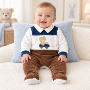 Bimbo sorridente seduto con tutina neonato in ciniglia con orsetto Les Jolies, color nocciola con dettagli bianchi e blu
