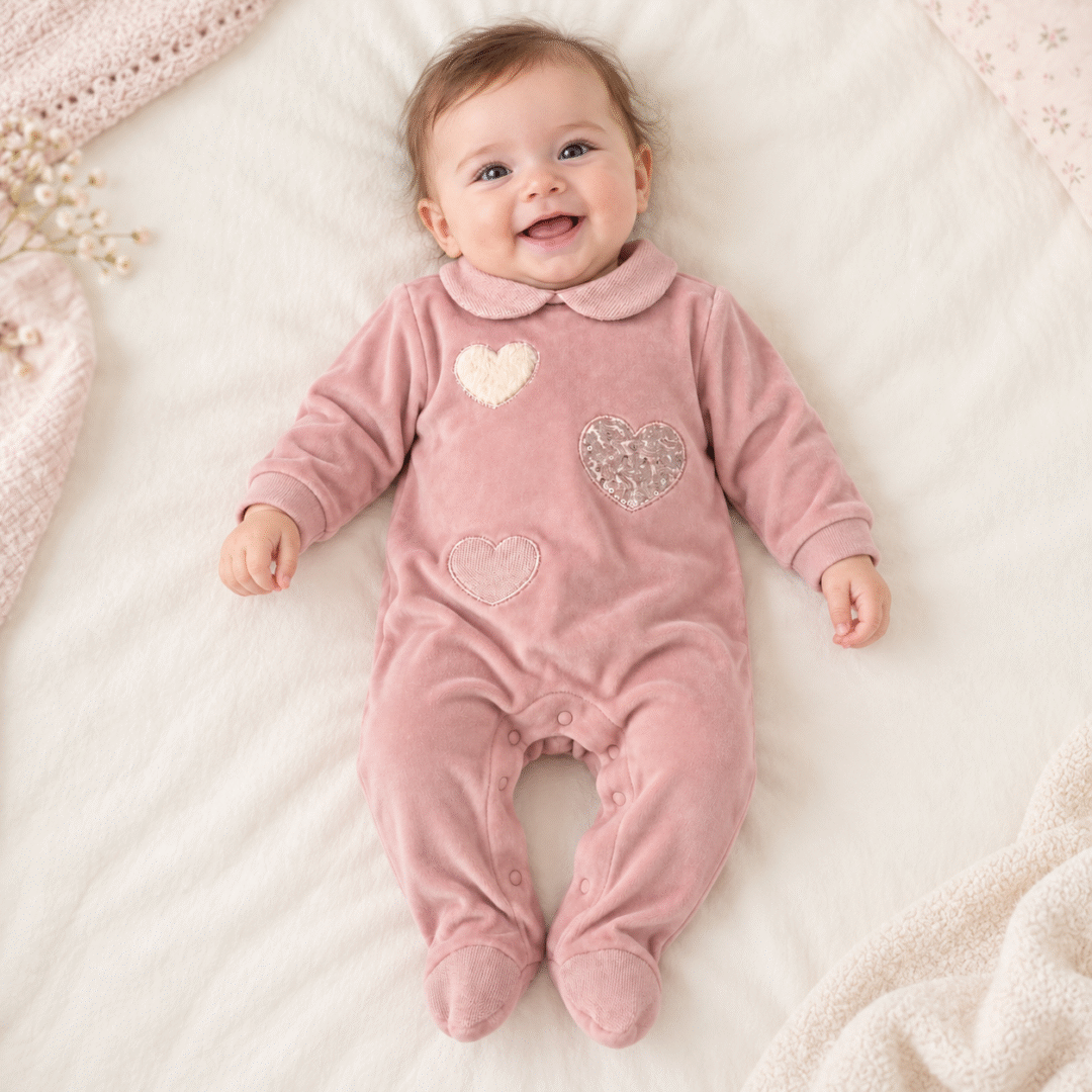 Bimba sorridente con tutina neonata Nazareno Gabrielli in ciniglia rosa antico con tre cuori e piedini integrati