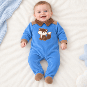 Bimbo sorridente con tutina neonato Les Jolies in ciniglia azzurra con volpe, colletto marrone e piedini integrati