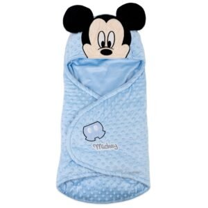 Baby sacco Topolino celeste Disney in soft pile jacquard con cappuccio