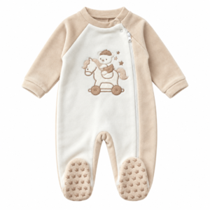 Pigiamone neonato Alta Linea XNC-261 panna e beige in caldo cotone felpato con orsetto sul cavallino e zip laterale