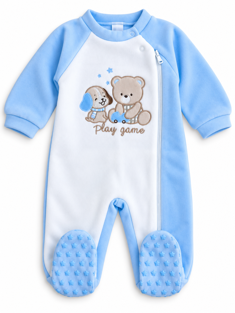 Pigiamone Alta Linea XNO-260 in caldo cotone felpato celeste con orsetto e cagnolino