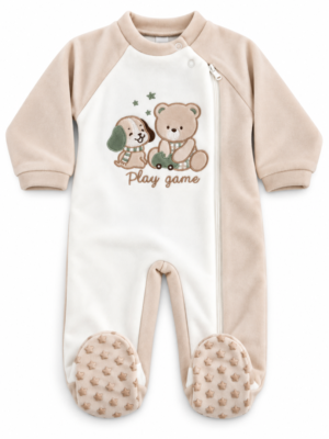 Pigiamone Alta Linea XNO-260 in caldo cotone felpato panna e beige con orsetto e cagnolino