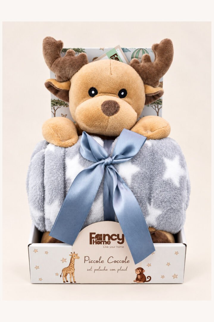 Peluche alce con copertina in pile soffice Fancy Home, idea regalo nascita