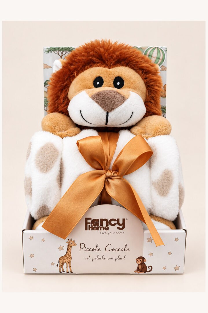 Peluche leone con copertina in pile soffice Fancy Home, idea regalo nascita