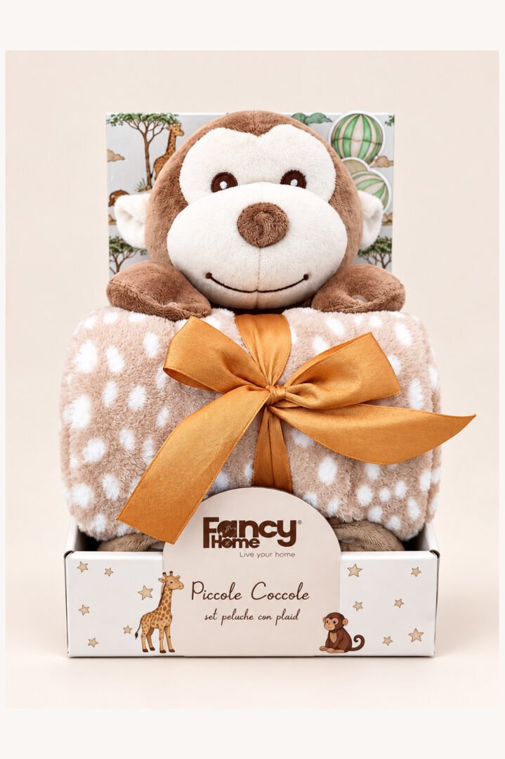 Peluche scimmietta con copertina in pile soffice Fancy Home, idea regalo nascita