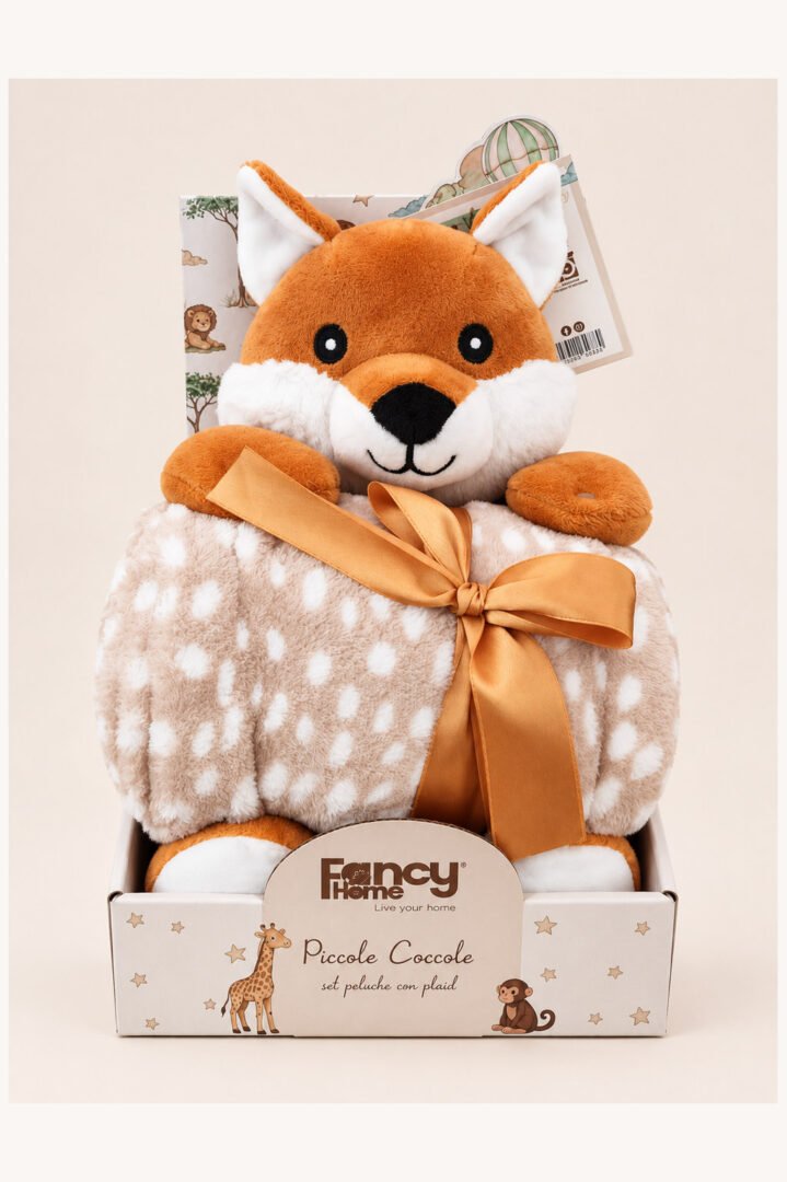 Peluche volpe con copertina in pile soffice Fancy Home, idea regalo nascita